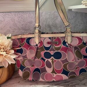 Coach Tote Bag in Pink Multi with Gold Trim